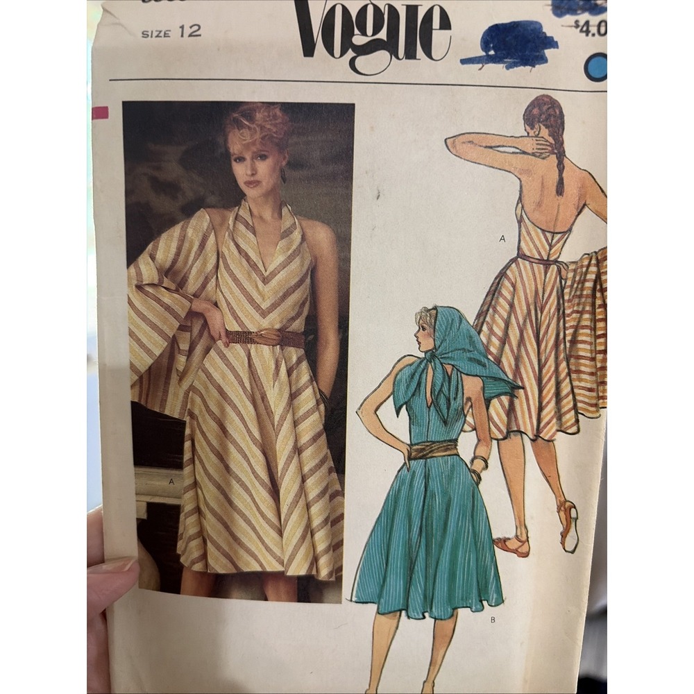 Vintage Vogue 8000 Dress Shawl Sewing Pattern Size 12 Halter Neck Uncut
